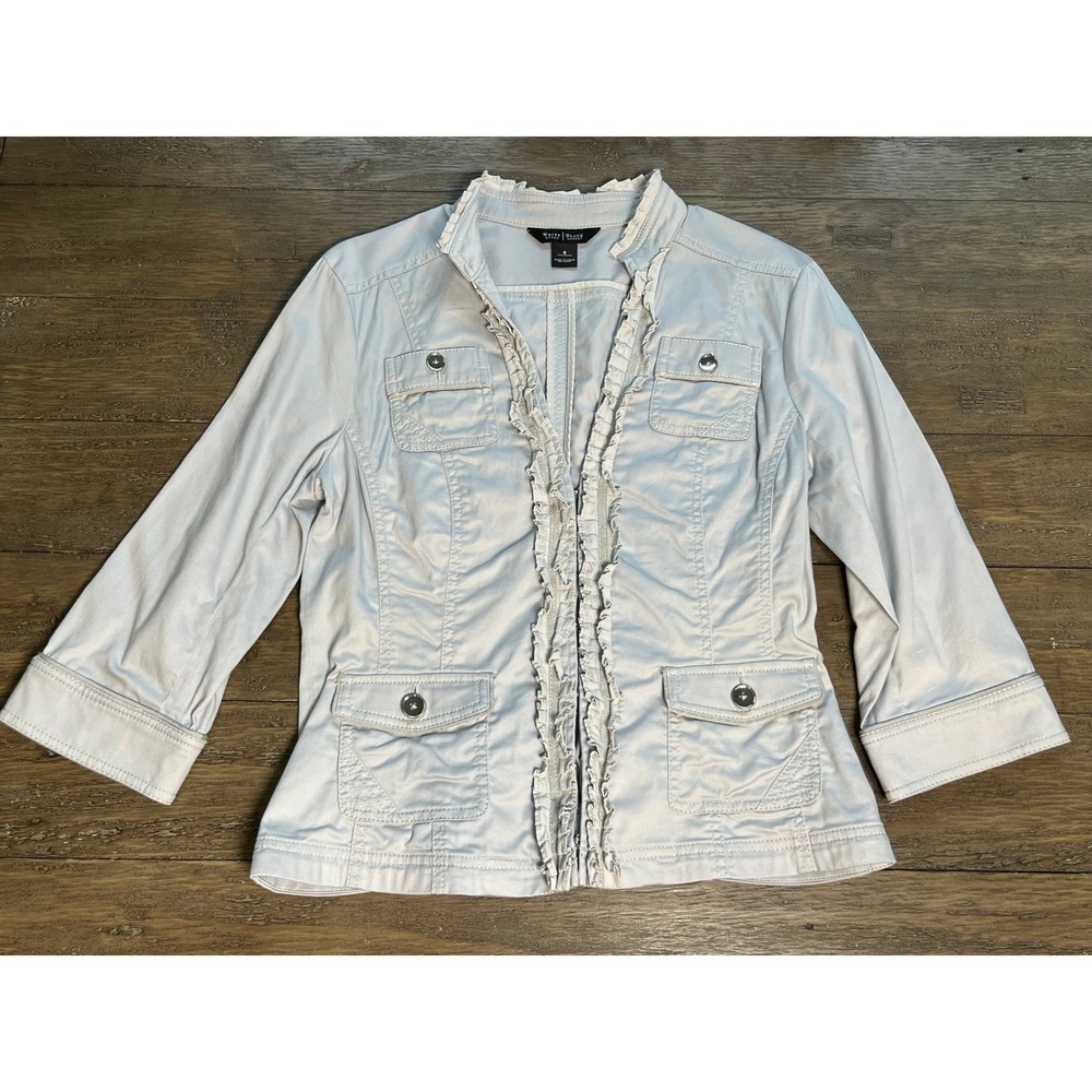 White House Black Market Gray Ruffle Trim Utility Jacket Size 8 Zip Front Pocket
